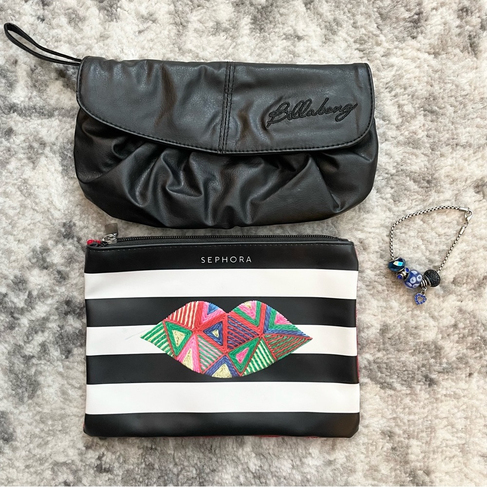 Sephora make up bag & Billabong clutch / wristlet and charm bracelet